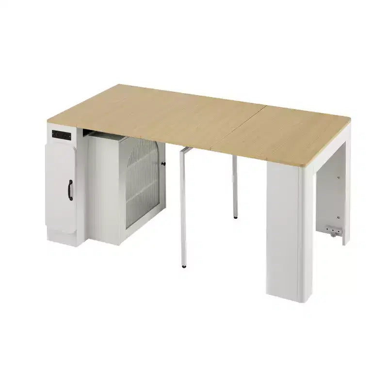 GDFStudio David Extendable Dining Table with 3 Removable Leaves and Space-Saving Storage Cabinet