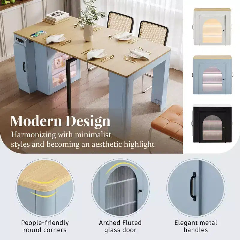 GDFStudio David Extendable Dining Table with 3 Removable Leaves and Space-Saving Storage Cabinet