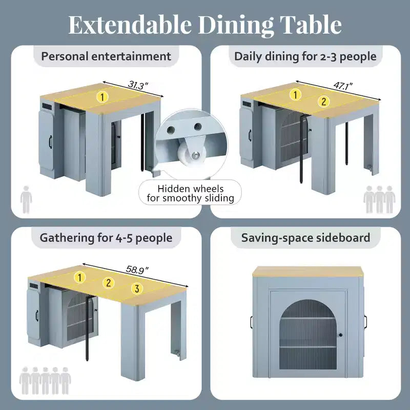 GDFStudio David Extendable Dining Table with 3 Removable Leaves and Space-Saving Storage Cabinet