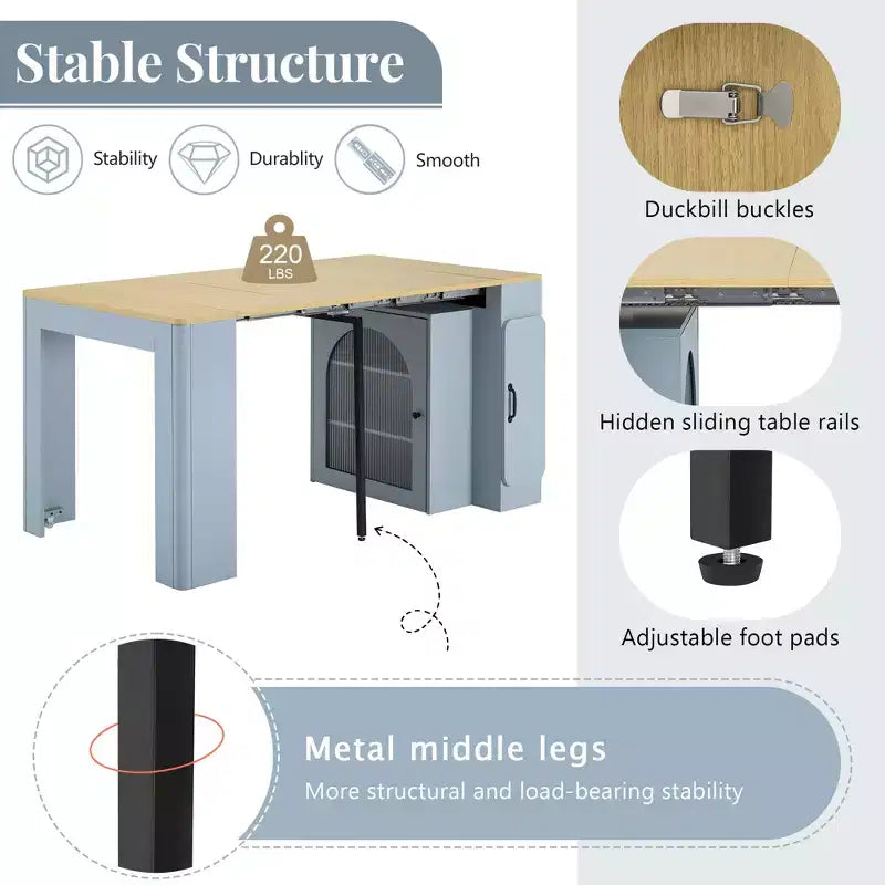 GDFStudio David Extendable Dining Table with 3 Removable Leaves and Space-Saving Storage Cabinet