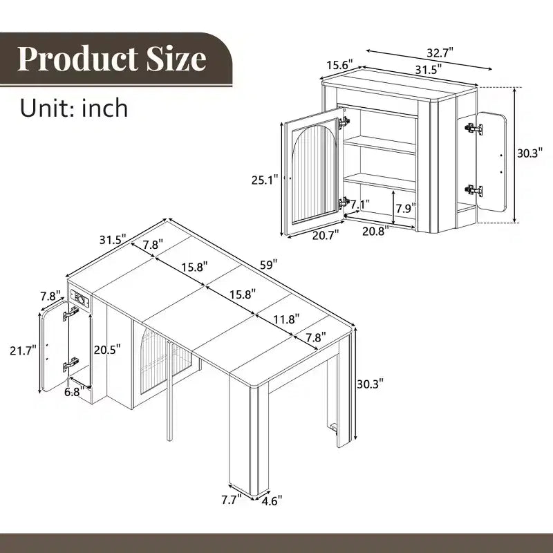 GDFStudio David Extendable Dining Table with 3 Removable Leaves and Space-Saving Storage Cabinet
