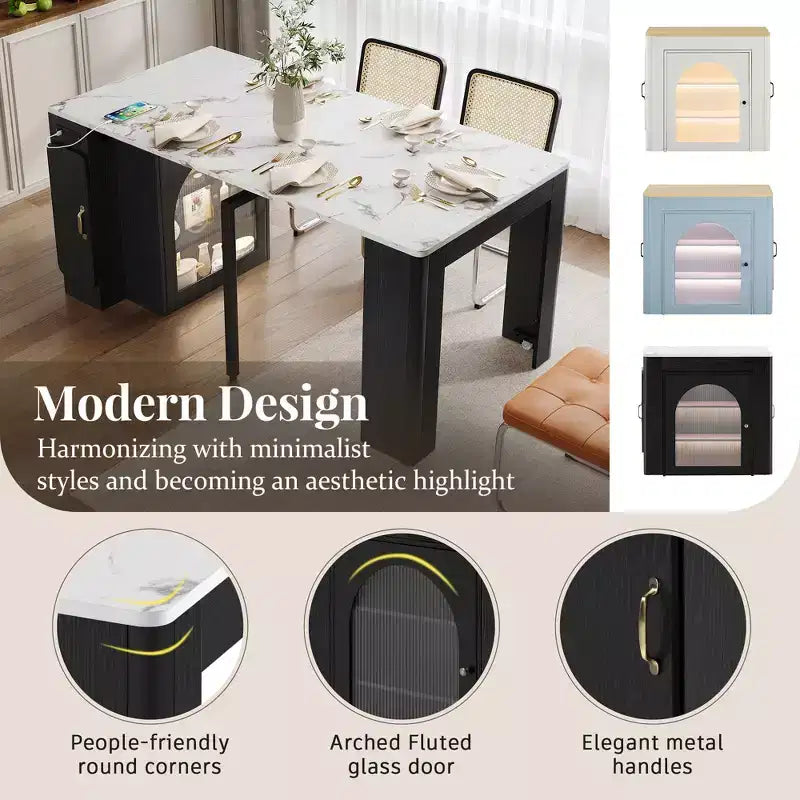 GDFStudio David Extendable Dining Table with 3 Removable Leaves and Space-Saving Storage Cabinet