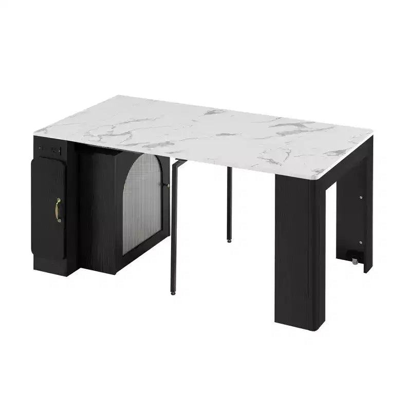 GDFStudio David Extendable Dining Table with 3 Removable Leaves and Space-Saving Storage Cabinet