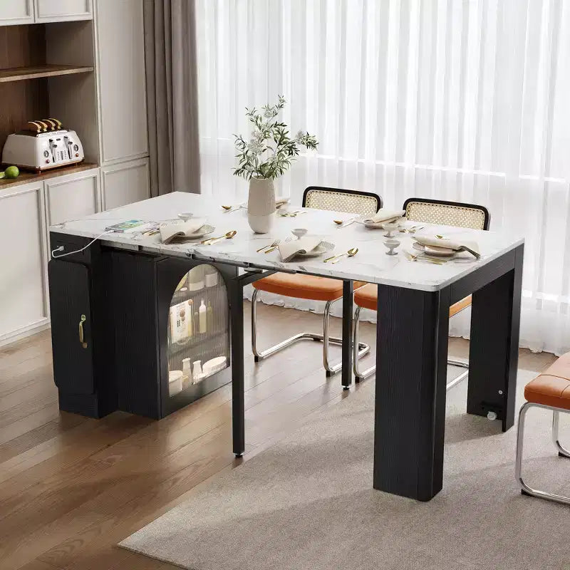 GDFStudio David Extendable Dining Table with 3 Removable Leaves and Space-Saving Storage Cabinet