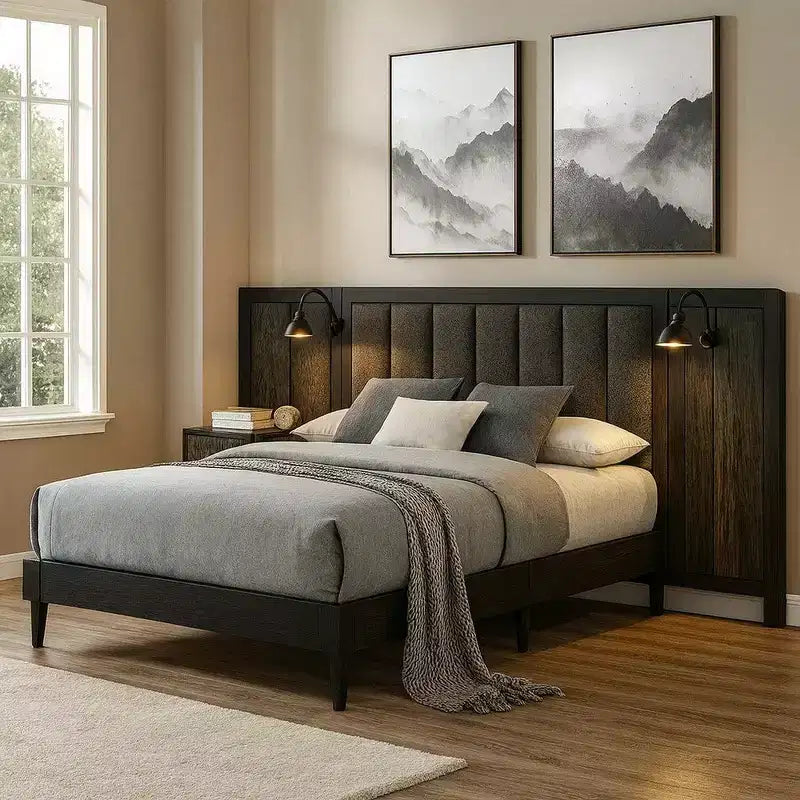 Letto Queen Size Royal Hampton, Struttura in Legno Marrone Scuro, Testiera Imbottita