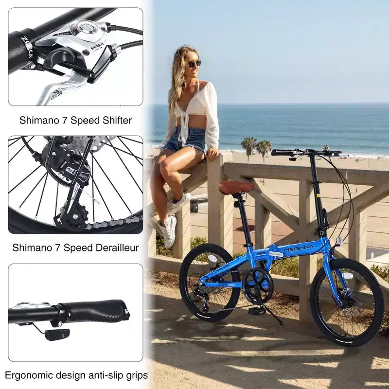 Okak 20IN Folding Bike with Lightweight Aluminum Frame, 7-Speed Cruiser Bikes with Adjustable Seat and Handlebar for City Commuter, Blue