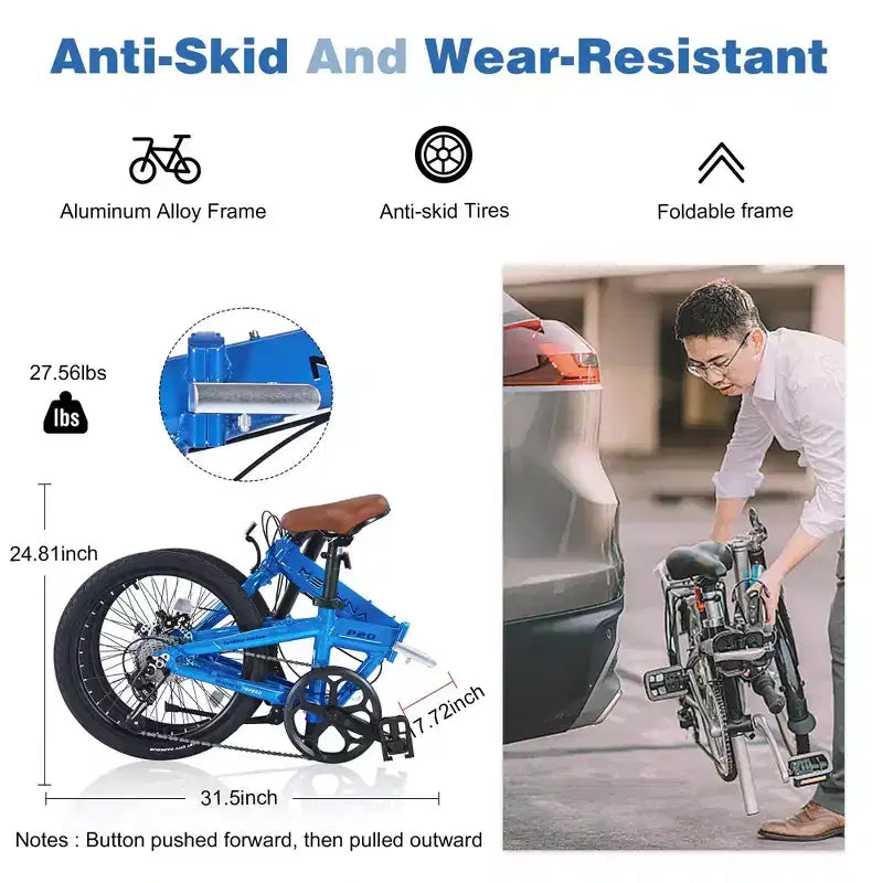 Okak 20IN Folding Bike with Lightweight Aluminum Frame, 7-Speed Cruiser Bikes with Adjustable Seat and Handlebar for City Commuter, Blue