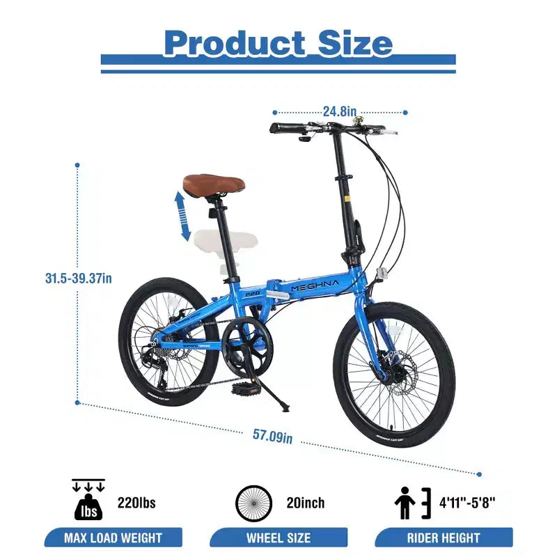 Okak 20IN Folding Bike with Lightweight Aluminum Frame, 7-Speed Cruiser Bikes with Adjustable Seat and Handlebar for City Commuter, Blue