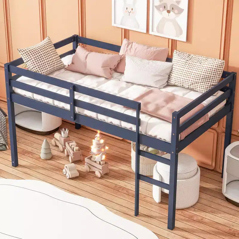MAYEERTY Twin Loft Bed Solid Rubber Wooden with Ladder Bed Platform of Strengthened Slats Blue