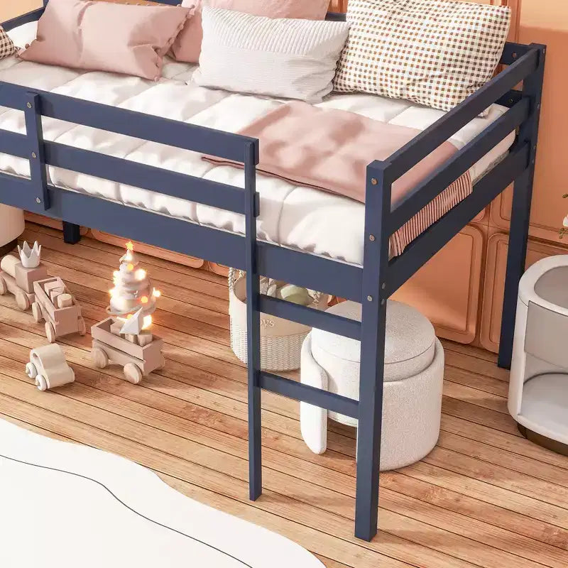 MAYEERTY Twin Loft Bed Solid Rubber Wooden with Ladder Bed Platform of Strengthened Slats Blue
