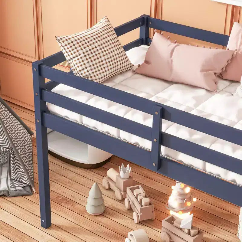 MAYEERTY Twin Loft Bed Solid Rubber Wooden with Ladder Bed Platform of Strengthened Slats Blue