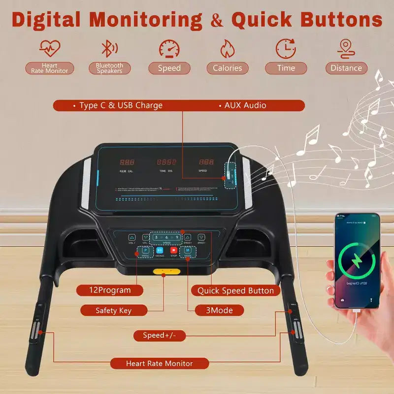 Tapis roulant pieghevole da 3,5 HP per casa con inclinazione, 16 km/h, capacità 158 kg, sensori di frequenza cardiaca, ricarica Type-C e USB, altoparlante Bluetooth