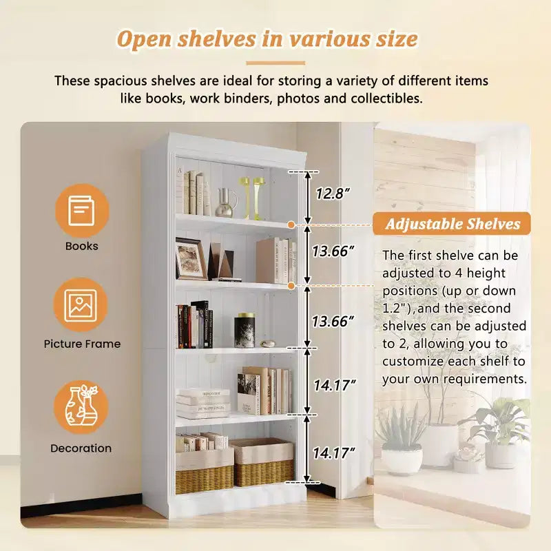 Polibi Tall LED Bookcase with Adjustable Shelves & USB Light Strip