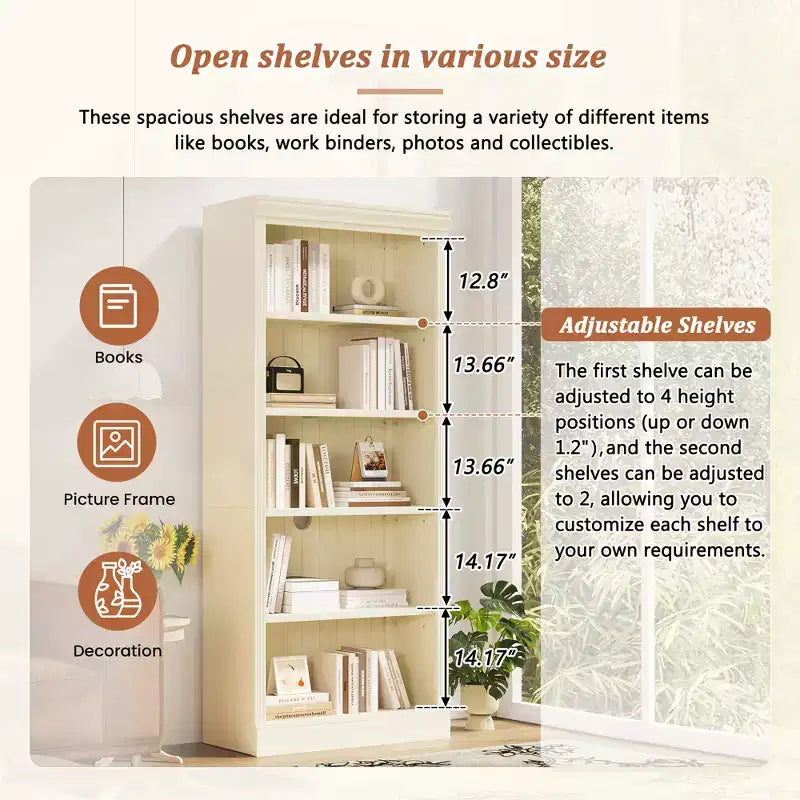 Polibi Tall LED Bookcase with Adjustable Shelves & USB Light Strip