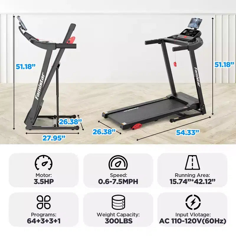 Treadmill for Home, Portable Folding Electric Exercise Treadmill with Adjustable Incline, APP Control, 64 Programs, 300 lb Capacity, 7.5MPH
