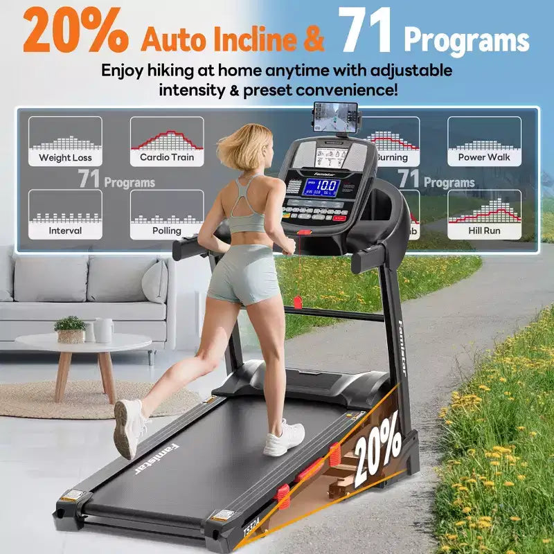Tapis Roulant Pieghevole da Casa 5.1HP con Inclinazione Automatica 20%, Capacità 136-181 kg, Supporto iPad Regolabile, Velocità 19 km/h, 71 Programmi, Cinghie per Ginocchia in Omaggio