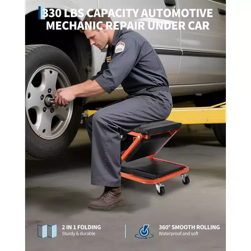 36 Z-Creeper Seat on Wheels, 2-in-1 Foldable Garage Creeper Shop Seat, 6 Swivel Casters, 330 LBS Capacity