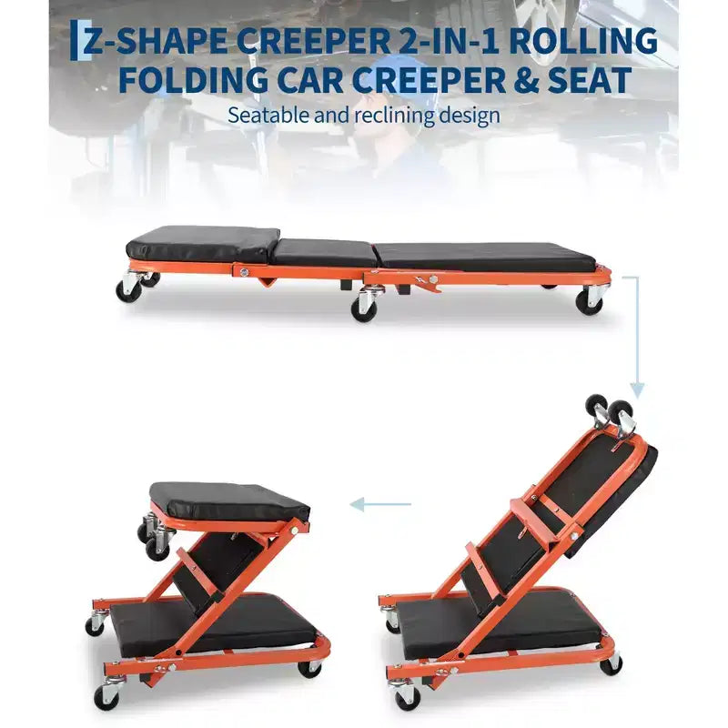 36 Z-Creeper Seat on Wheels, 2-in-1 Foldable Garage Creeper Shop Seat, 6 Swivel Casters, 330 LBS Capacity