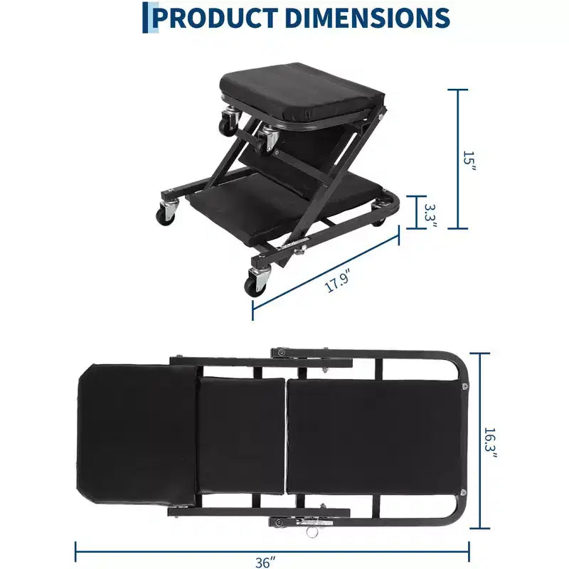 36 Z-Creeper Seat on Wheels, 2-in-1 Foldable Garage Creeper Shop Seat, 6 Swivel Casters, 330 LBS Capacity