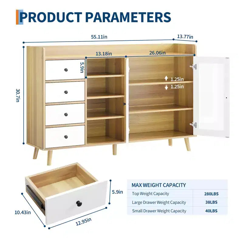 COZONY 55 Mobile Credenza da Fattoria con Ante in Vetro e Ripiani Regolabili, Grande Mobile da Cucina per Bar Caffetteria