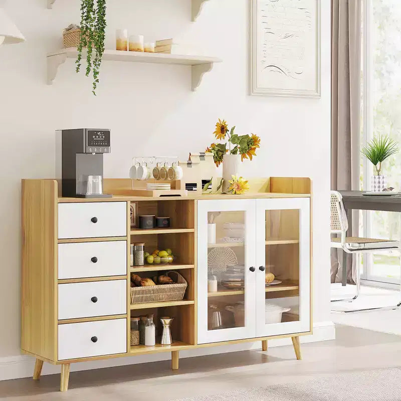 COZONY 55 Mobile Credenza da Fattoria con Ante in Vetro e Ripiani Regolabili, Grande Mobile da Cucina per Bar Caffetteria