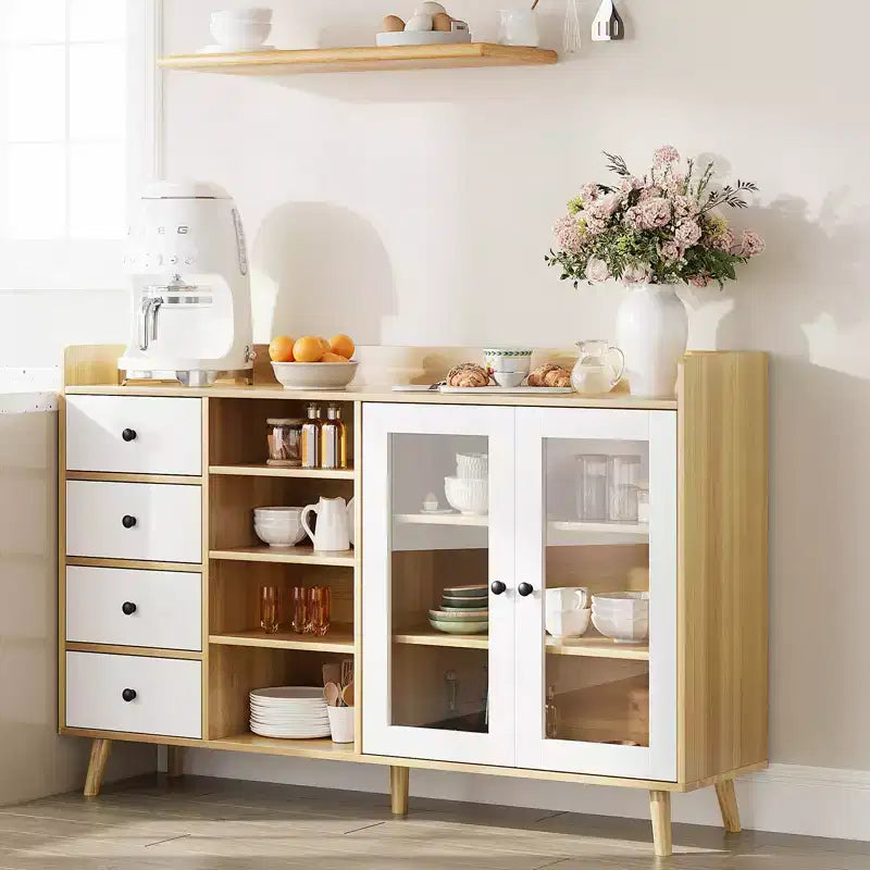 COZONY 55 Mobile Credenza da Fattoria con Ante in Vetro e Ripiani Regolabili, Grande Mobile da Cucina per Bar Caffetteria