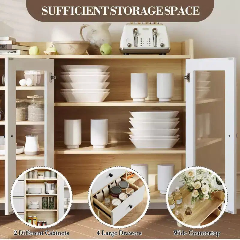 COZONY 55 Mobile Credenza da Fattoria con Ante in Vetro e Ripiani Regolabili, Grande Mobile da Cucina per Bar Caffetteria