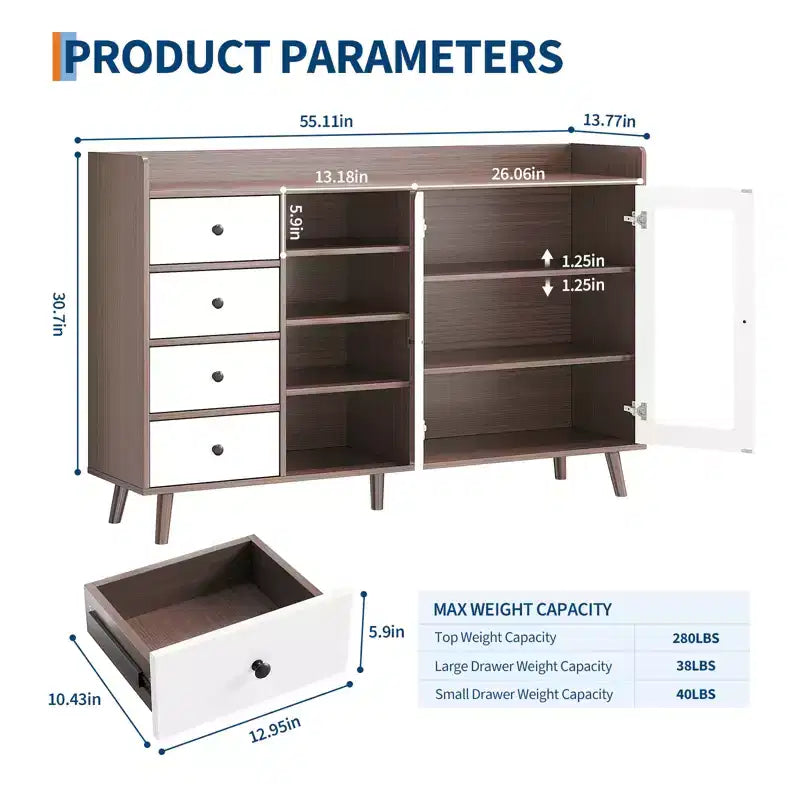 COZONY 55 Mobile Credenza da Fattoria con Ante in Vetro e Ripiani Regolabili, Grande Mobile da Cucina per Bar Caffetteria