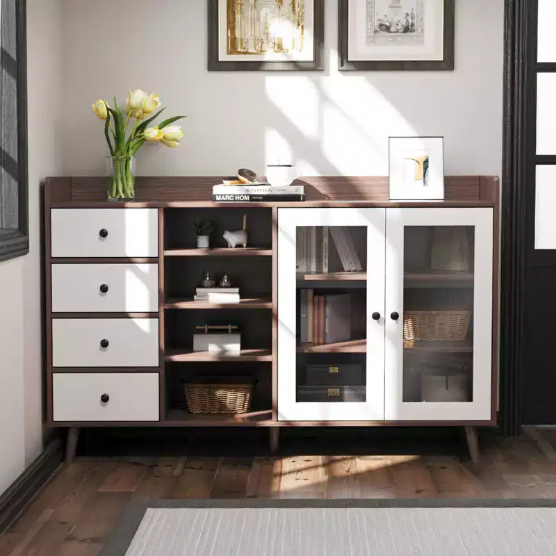 COZONY 55 Mobile Credenza da Fattoria con Ante in Vetro e Ripiani Regolabili, Grande Mobile da Cucina per Bar Caffetteria