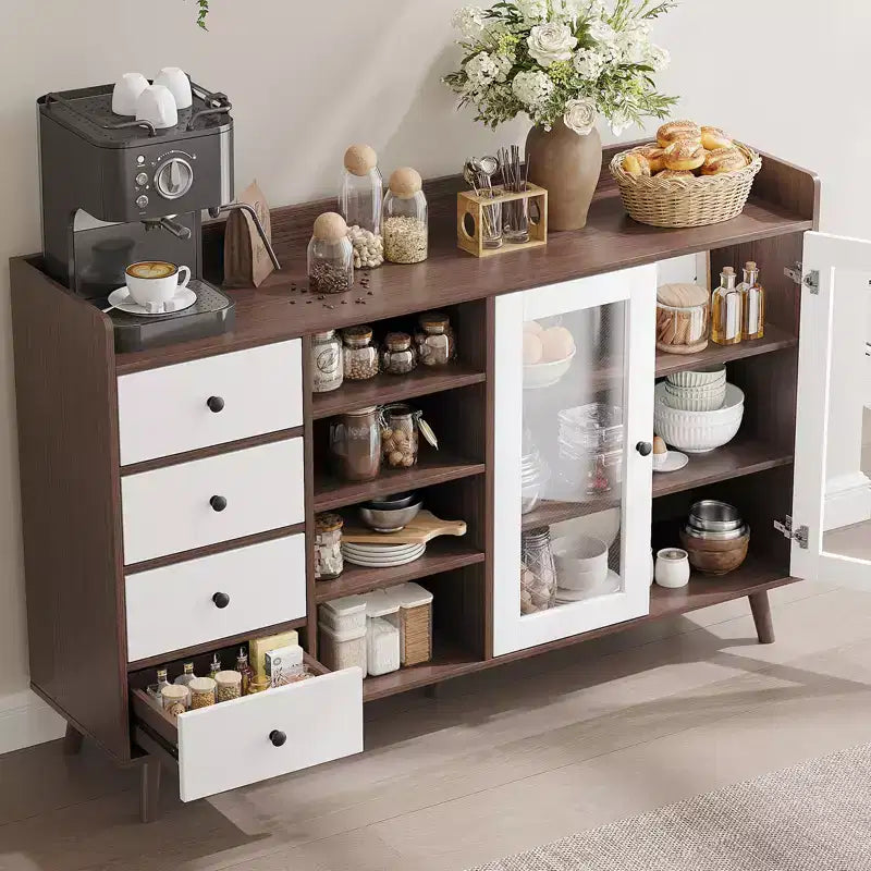 COZONY 55 Mobile Credenza da Fattoria con Ante in Vetro e Ripiani Regolabili, Grande Mobile da Cucina per Bar Caffetteria