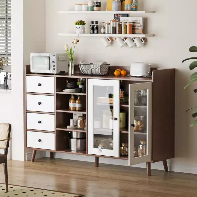 COZONY 55 Mobile Credenza da Fattoria con Ante in Vetro e Ripiani Regolabili, Grande Mobile da Cucina per Bar Caffetteria