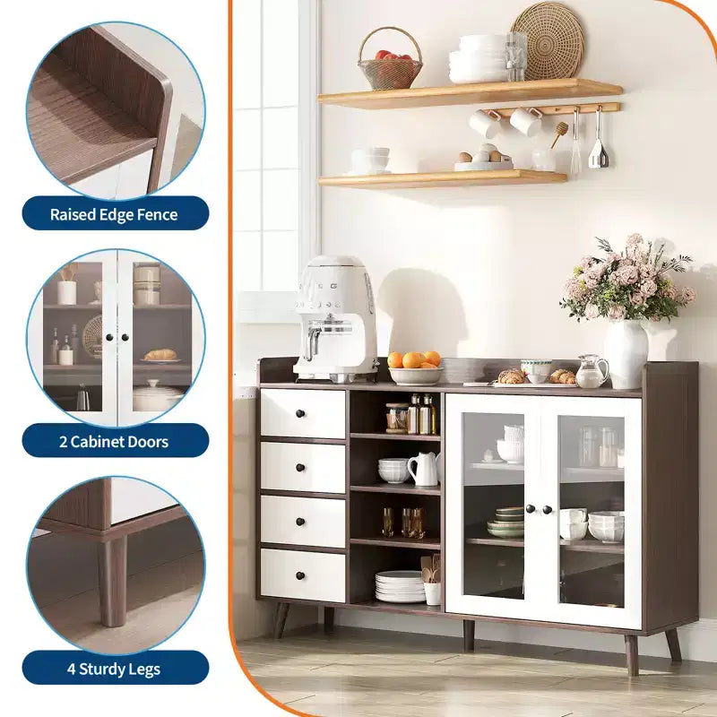 COZONY 55 Mobile Credenza da Fattoria con Ante in Vetro e Ripiani Regolabili, Grande Mobile da Cucina per Bar Caffetteria