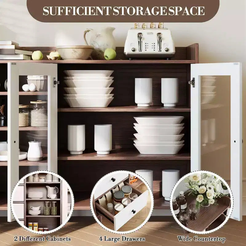 COZONY 55 Mobile Credenza da Fattoria con Ante in Vetro e Ripiani Regolabili, Grande Mobile da Cucina per Bar Caffetteria