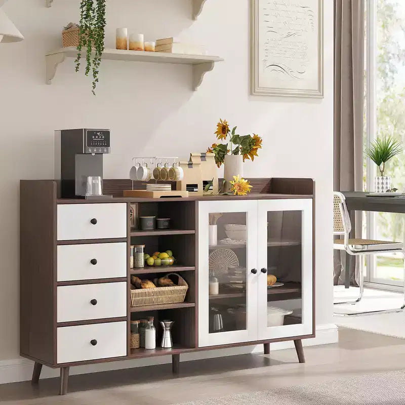 COZONY 55 Farmhouse Buffet Cabinet Sideboard with Storage, Wood Kitchen Cabinet with Glass Doors & Adjustable Shelves, Large Coffee Bar Station