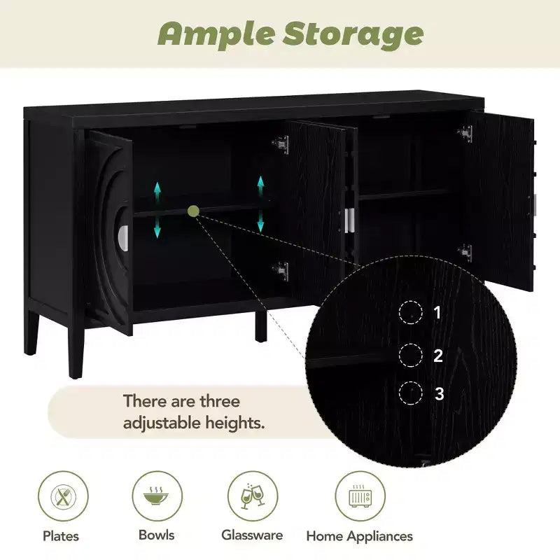 Sideboard Storage Cabinet with Circular Groove Design, Round Metal Door Handle Console Table with Adjustable Shelf, for Kitchen