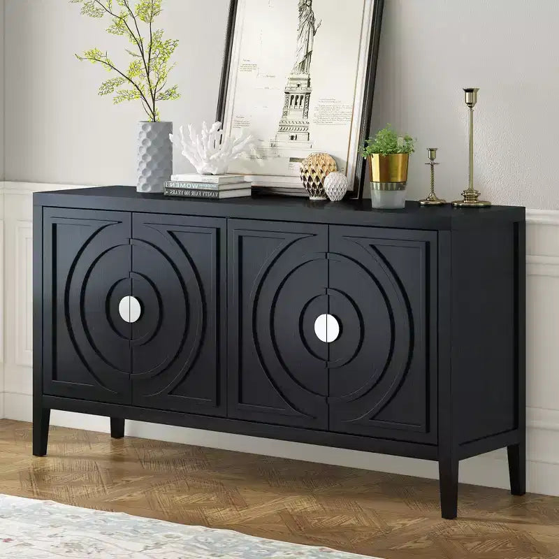 Sideboard Storage Cabinet with Circular Groove Design, Round Metal Door Handle Console Table with Adjustable Shelf, for Kitchen