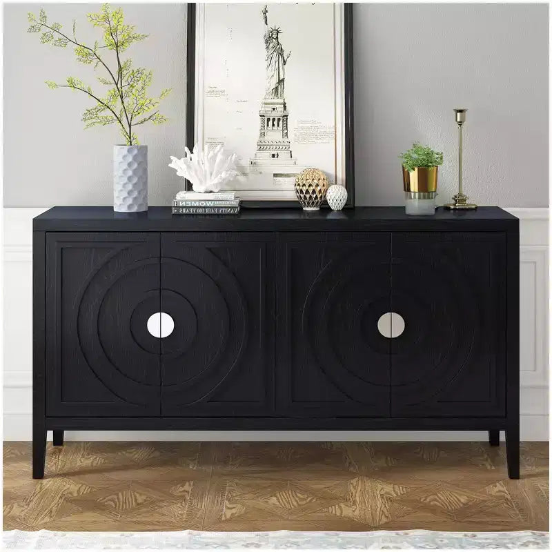 Sideboard Storage Cabinet with Circular Groove Design, Round Metal Door Handle Console Table with Adjustable Shelf, for Kitchen