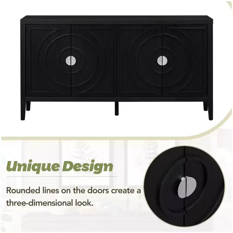 Sideboard Storage Cabinet with Circular Groove Design, Round Metal Door Handle Console Table with Adjustable Shelf, for Kitchen