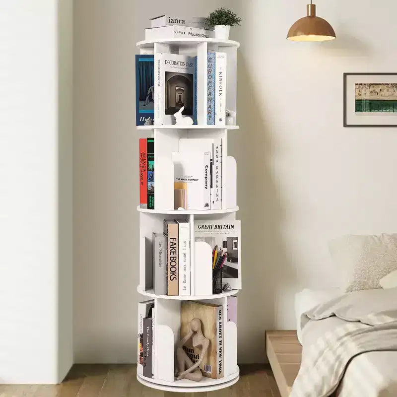 360 Rotating 4-Tier Bookshelf - Wooden Floor Standing Display Rack, Narrow Corner Organizer for Living Room, Study, Bedroom