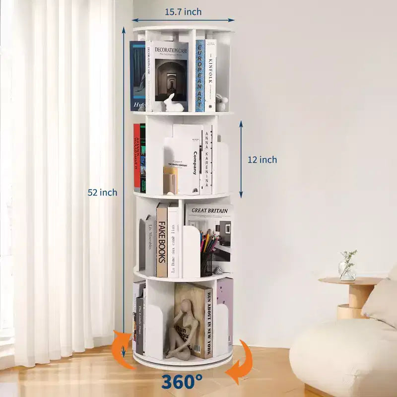 360 Rotating 4-Tier Bookshelf - Wooden Floor Standing Display Rack, Narrow Corner Organizer for Living Room, Study, Bedroom