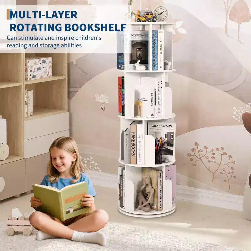 360 Rotating 4-Tier Bookshelf - Wooden Floor Standing Display Rack, Narrow Corner Organizer for Living Room, Study, Bedroom