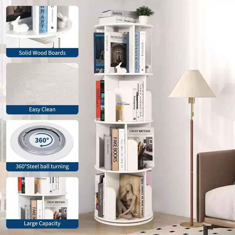 360 Rotating 4-Tier Bookshelf - Wooden Floor Standing Display Rack, Narrow Corner Organizer for Living Room, Study, Bedroom