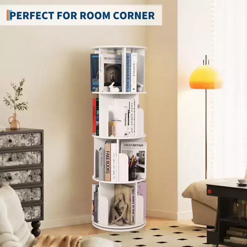 360 Rotating 4-Tier Bookshelf - Wooden Floor Standing Display Rack, Narrow Corner Organizer for Living Room, Study, Bedroom