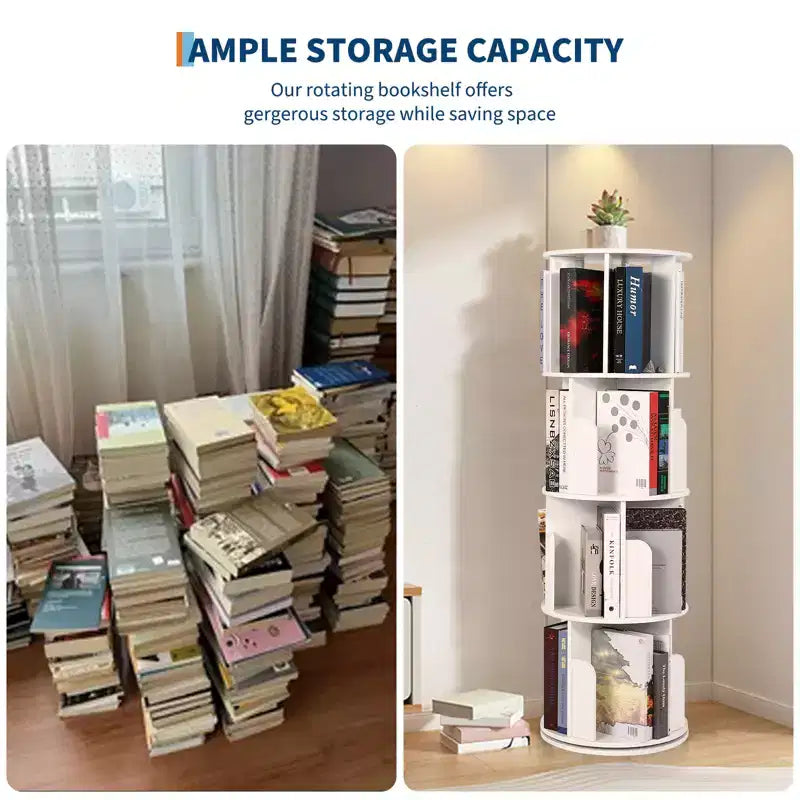 360 Rotating 4-Tier Bookshelf - Wooden Floor Standing Display Rack, Narrow Corner Organizer for Living Room, Study, Bedroom