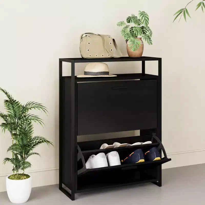 eHemco 2-Door Shoe Cabinet with Shelf, Modern Storage Organizer, Black Metal Frame, 2 Flip Drawers