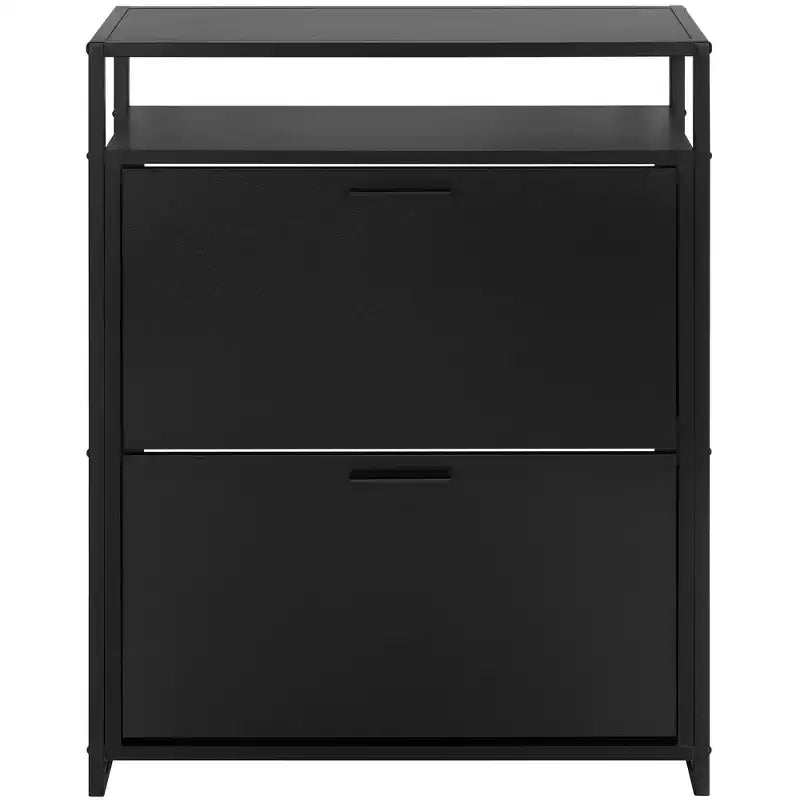 eHemco 2-Door Shoe Cabinet with Shelf, Modern Storage Organizer, Black Metal Frame, 2 Flip Drawers