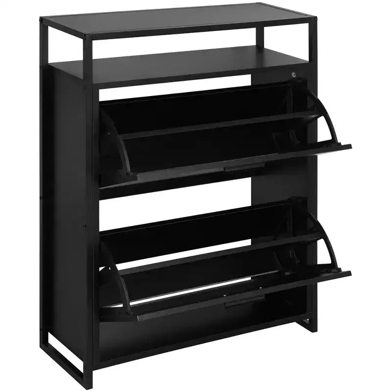 eHemco 2-Door Shoe Cabinet with Shelf, Modern Storage Organizer, Black Metal Frame, 2 Flip Drawers