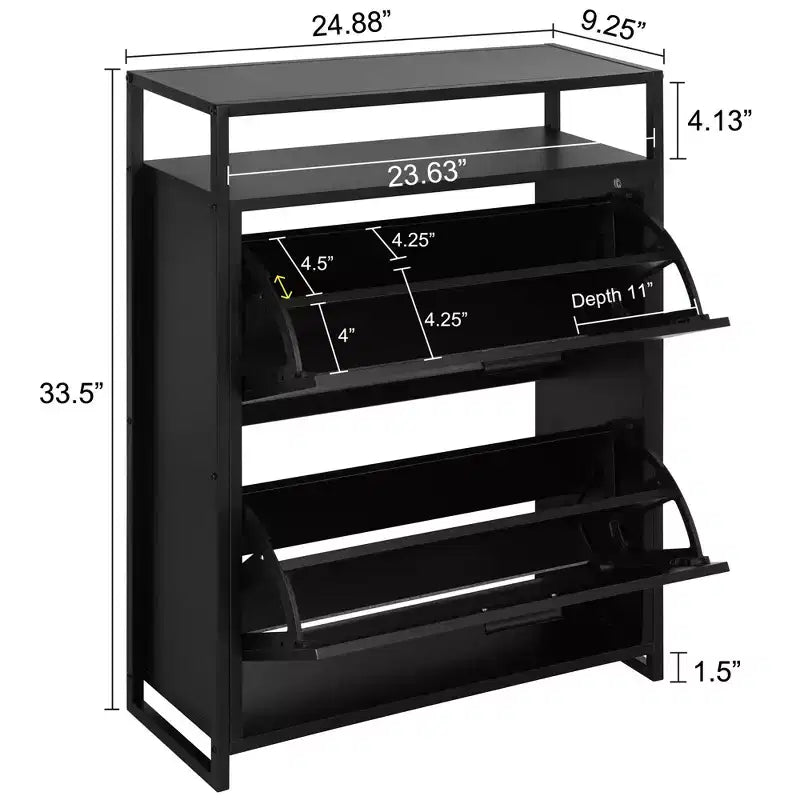 eHemco 2-Door Shoe Cabinet with Shelf, Modern Storage Organizer, Black Metal Frame, 2 Flip Drawers