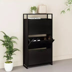 eHemco 3-Door Shoe Cabinet with Shelf, Modern Storage Organizer, Black Metal Frame, 3 Flip Drawers