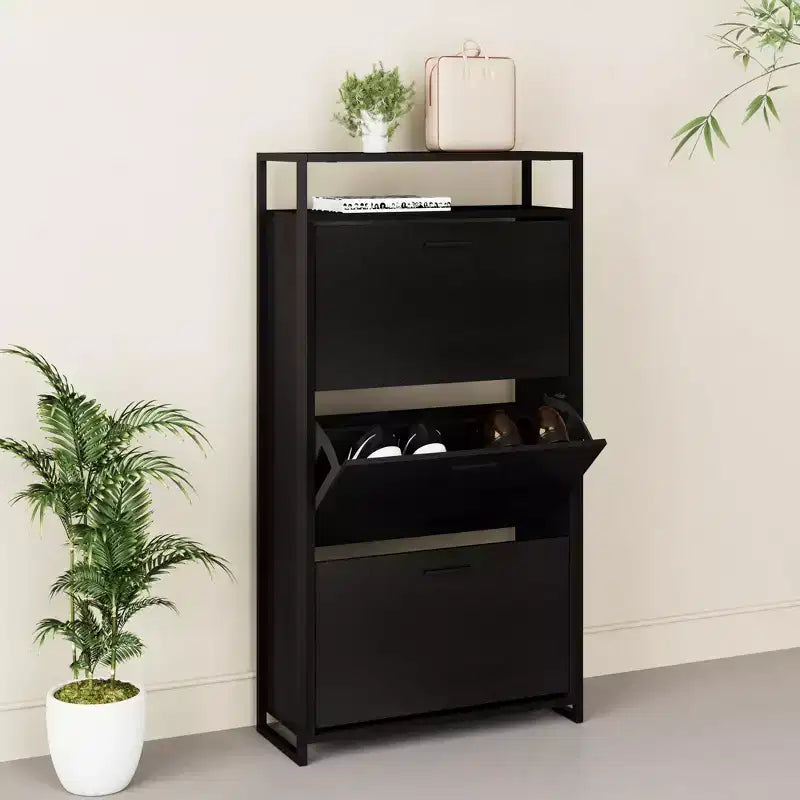 eHemco 3-Door Shoe Cabinet with Shelf, Modern Storage Organizer, Black Metal Frame, 3 Flip Drawers